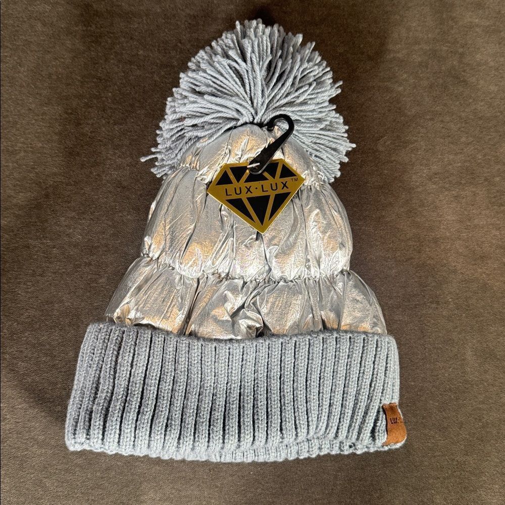 Adult Lux Lux Silver Puffer Beanie with Pom One Size fits Most NEW